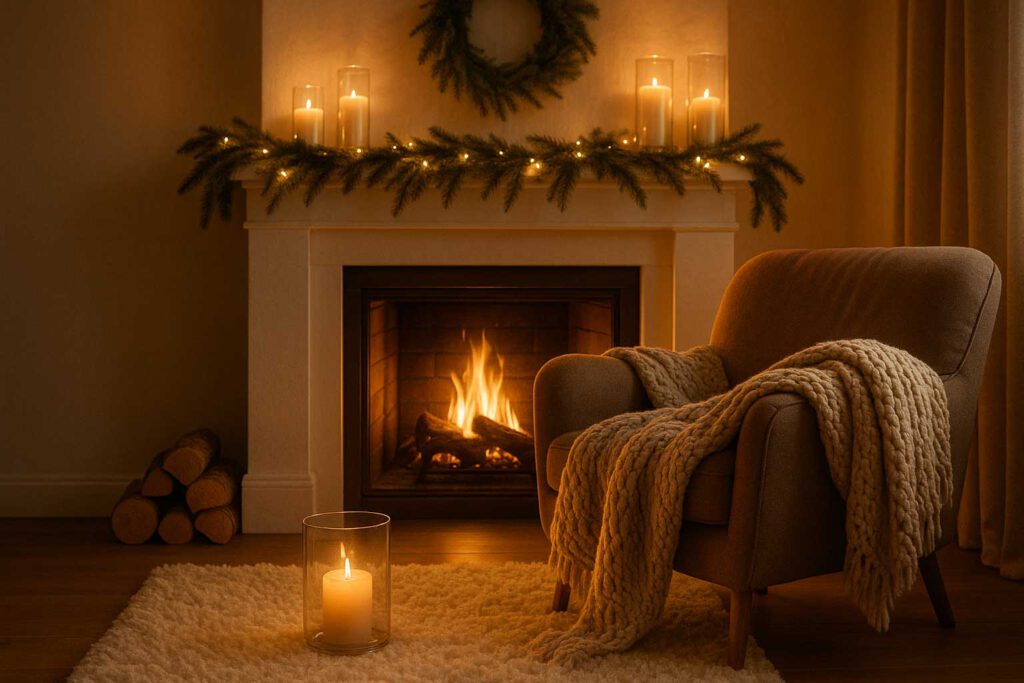 Sessel mit Kerzen und Feuer, Weihnachtsstimmung