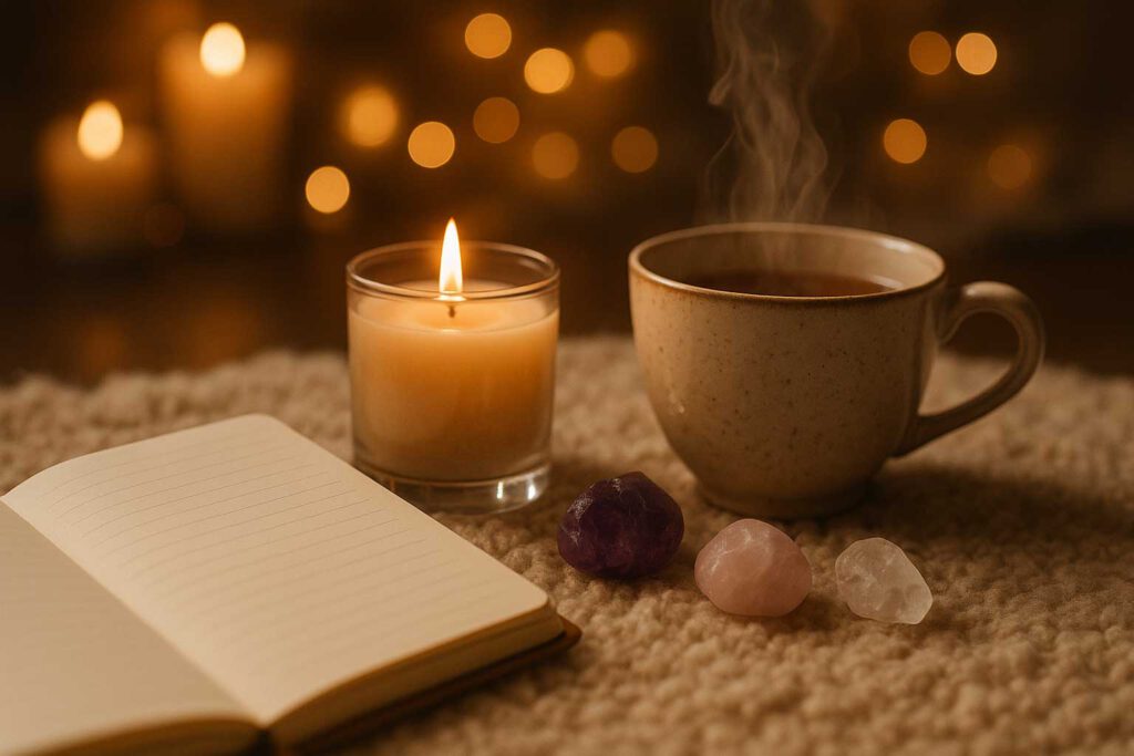 Journalbuch, Tasse, Kerze und Edelsteine