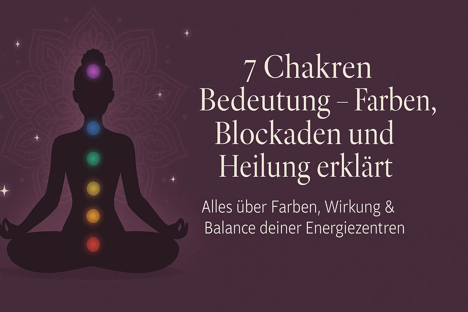 7 Chakren Bedeutung – Farben, Wirkung & Heilung erklärt Grafik mit einer meditierenden Person und farbigen Chakra-Punkten. Text: „7 Chakren Bedeutung – Farben, Blockaden und Heilung erklärt“.