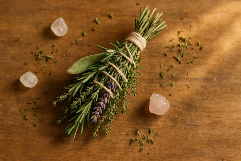 Natürliches Kräuterbündel mit Lavendel, Rosmarin und Salbei.