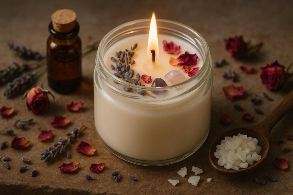 Handgemachte Duftkerze mit Blüten und Kristallen im Glas