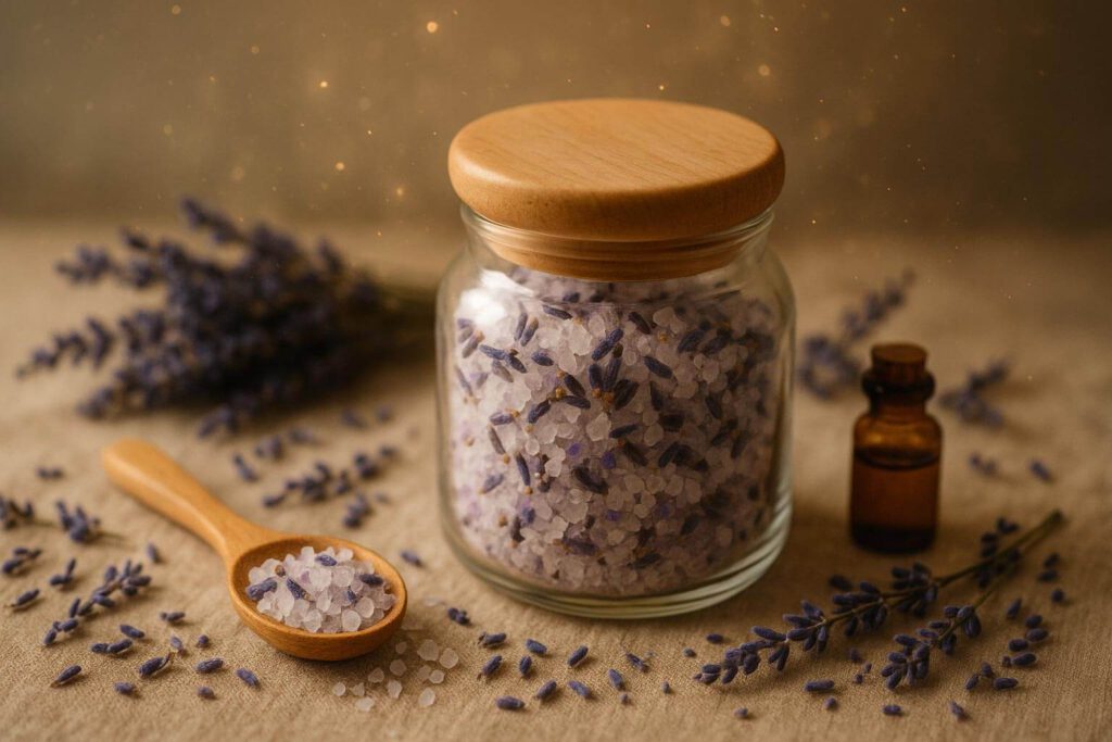 DIY Lavendel-Badesalz im Glas mit Holzlöffel