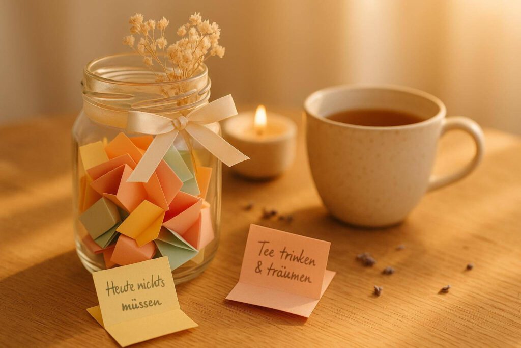 Achtsamkeitsglas mit bunten Zetteln und einer Tasse Tee