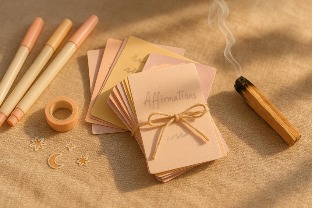 Affirmationskarten mit Palo Santo und Schreibutensilien