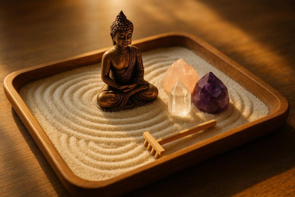 Zen-Garten mit Buddha und Heilsteinen für Meditation und Achtsamkeit