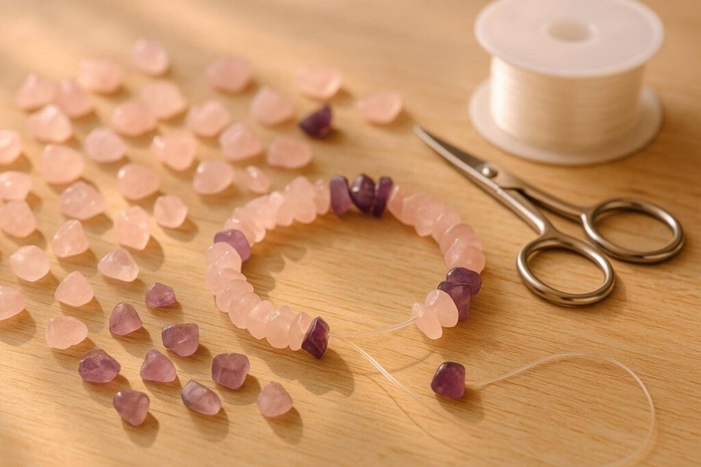 DIY Armband aus Rosenquarz und Amethyst auf Basteltisch