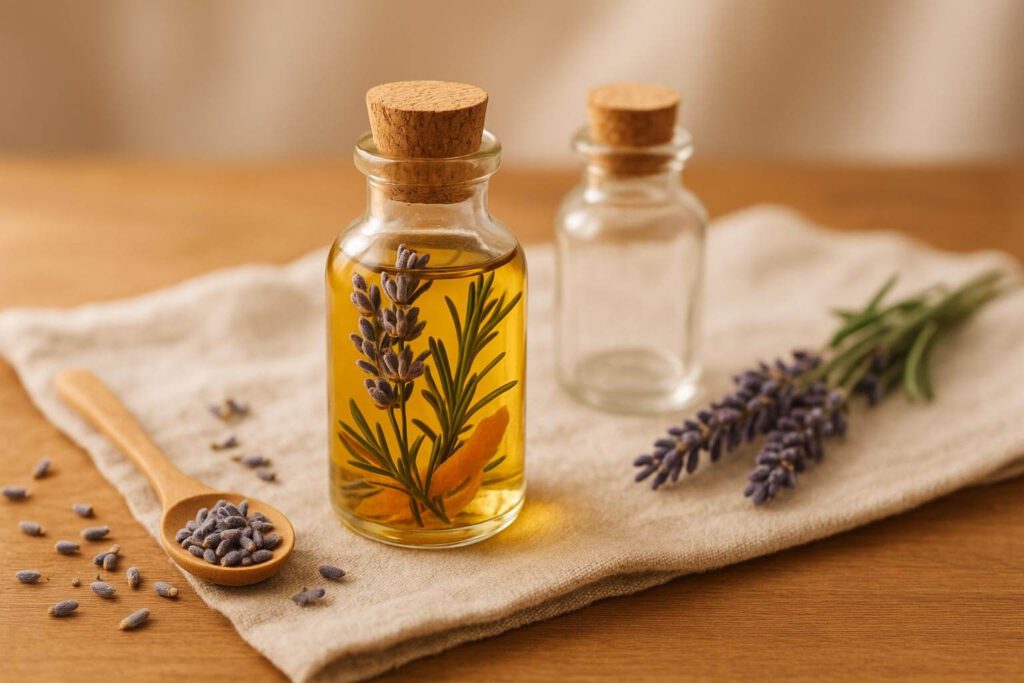 Lavendelöl mit Rosmarin und Blüten in Glasflasche