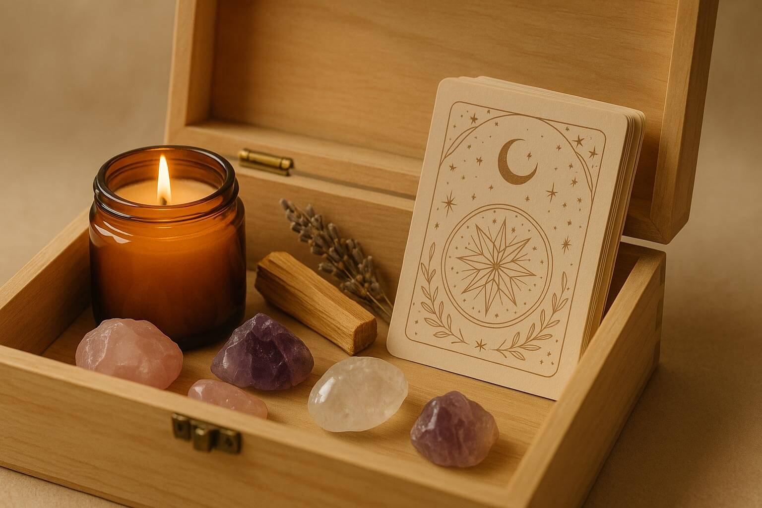 Geschenkbox mit Kerze, Kristallen und spirituellen Karten