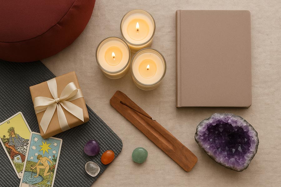 Meditatie, tarot, kaarsen en kristallen.